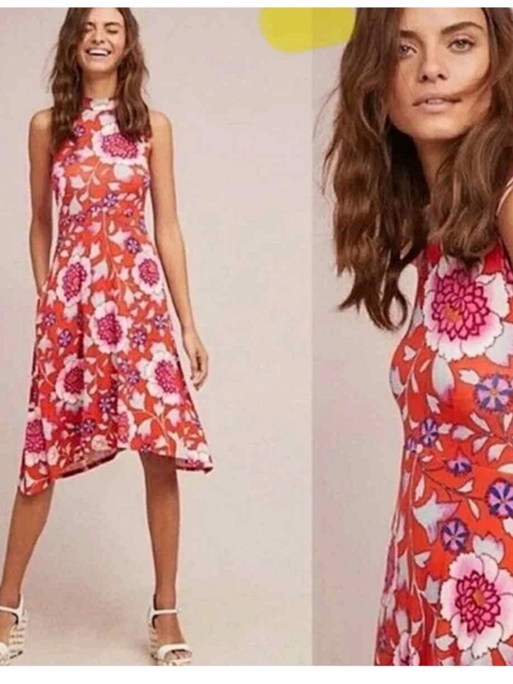 Maeve by Anthropologie Women’s Coral & Pink High-Low Floral Midi  Dress Size XS